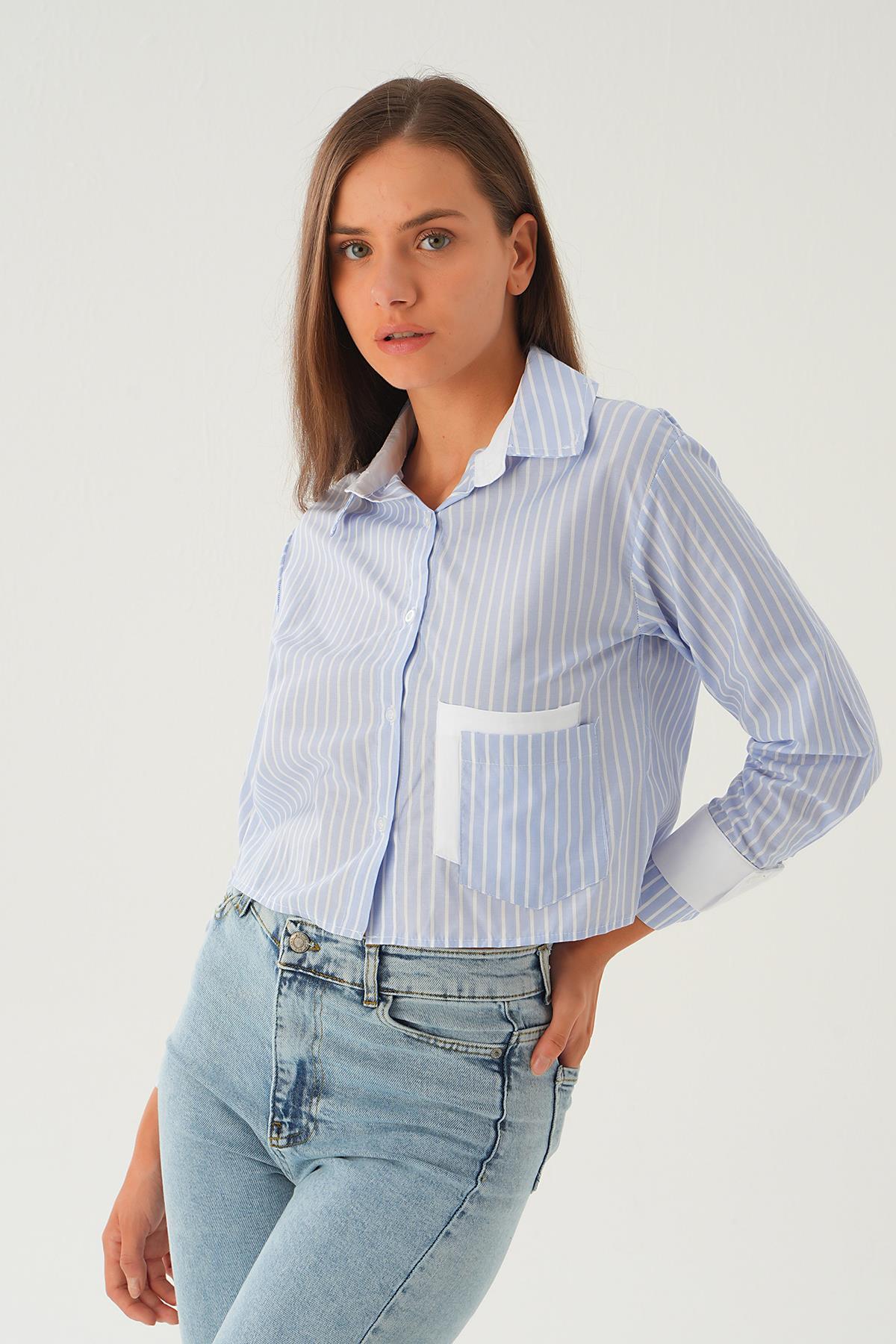 Saks Kol Manşet Detay Crop Gömlek 4183A - 6