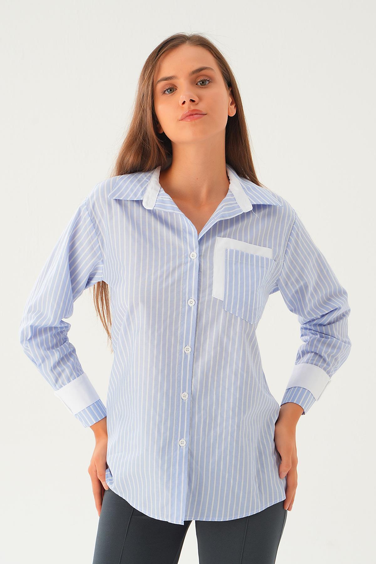 4184A Kol Manşet Detay Uzun Gömlek Saks 