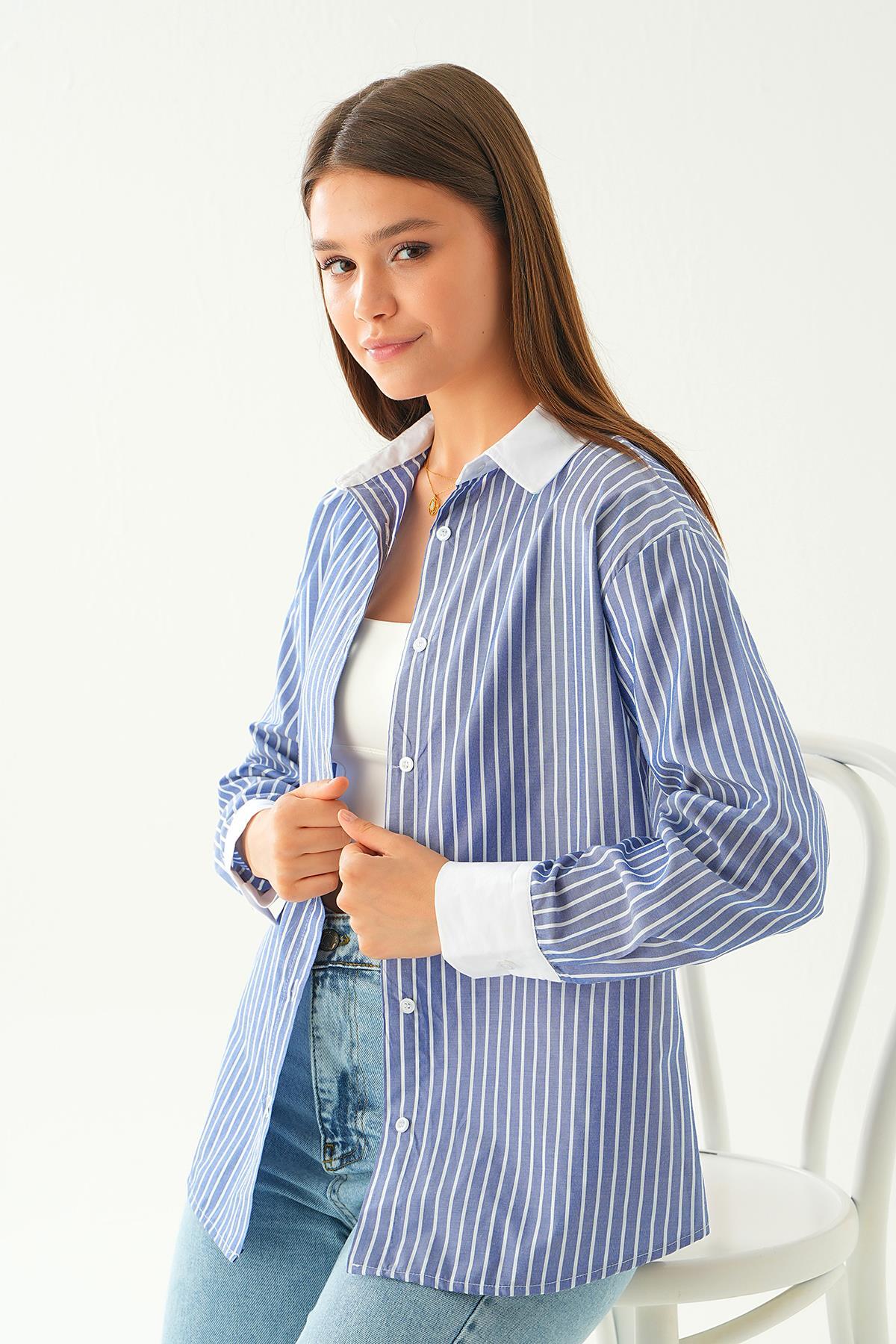 Saks Çizgili Gömlek 4185A - 4