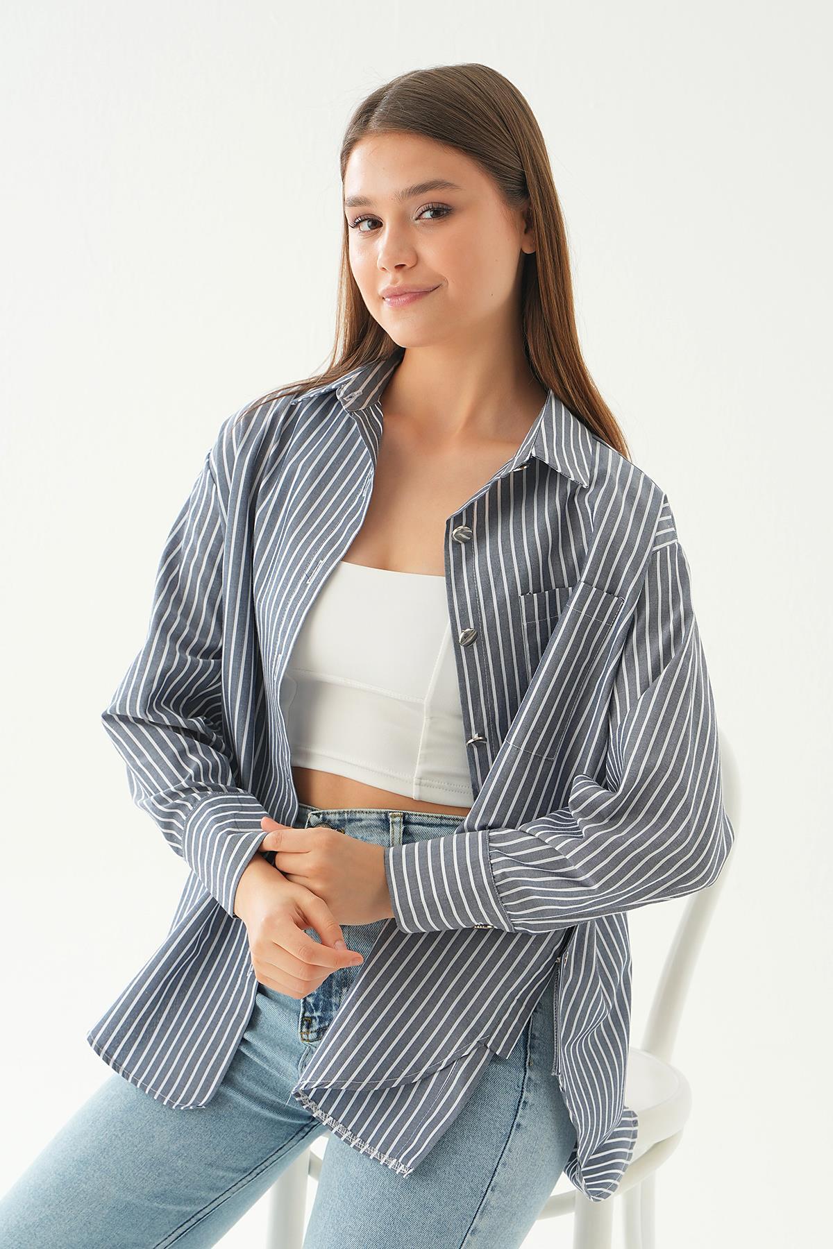 Laci Düğme Detay Çizgili Gömlek 4186A 