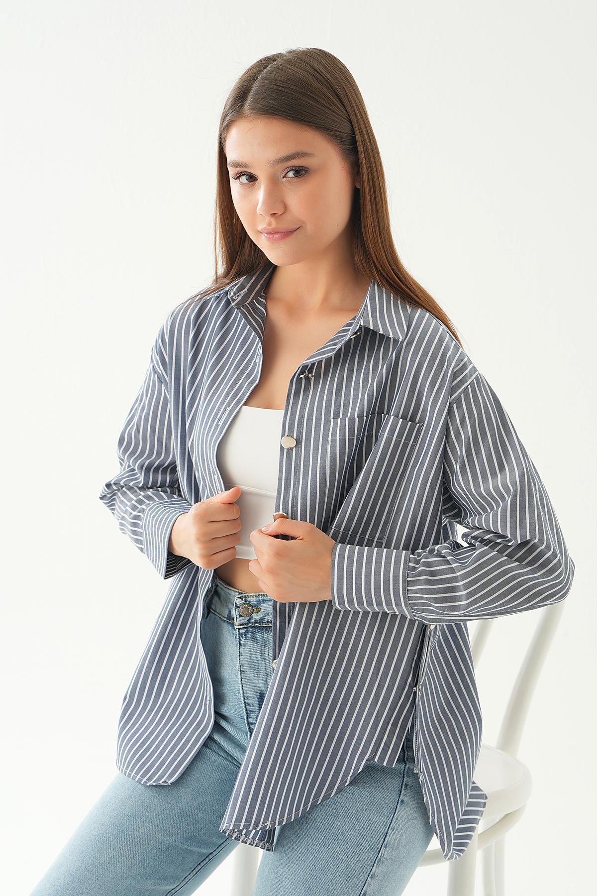 Laci Düğme Detay Çizgili Gömlek 4186A - 4
