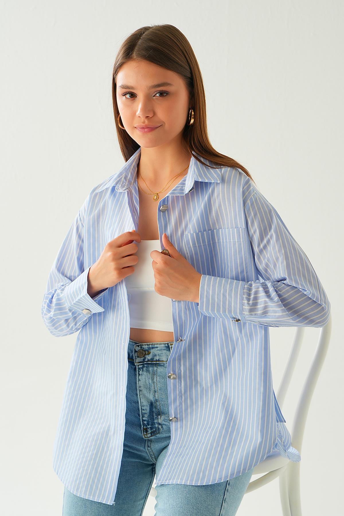 4186A Düğme Detay Çizgili gömlek Mavi - 1