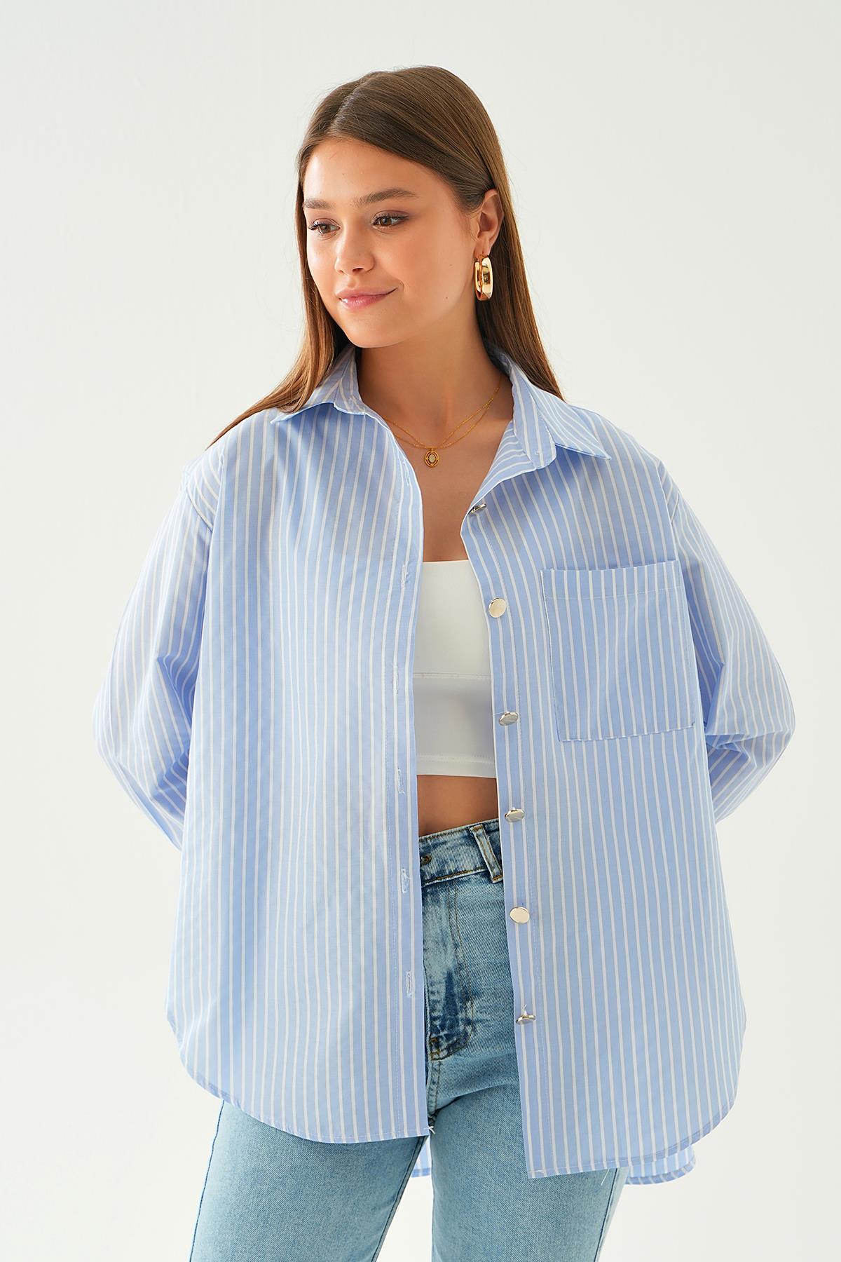 4186A Düğme Detay Çizgili gömlek Mavi - 4