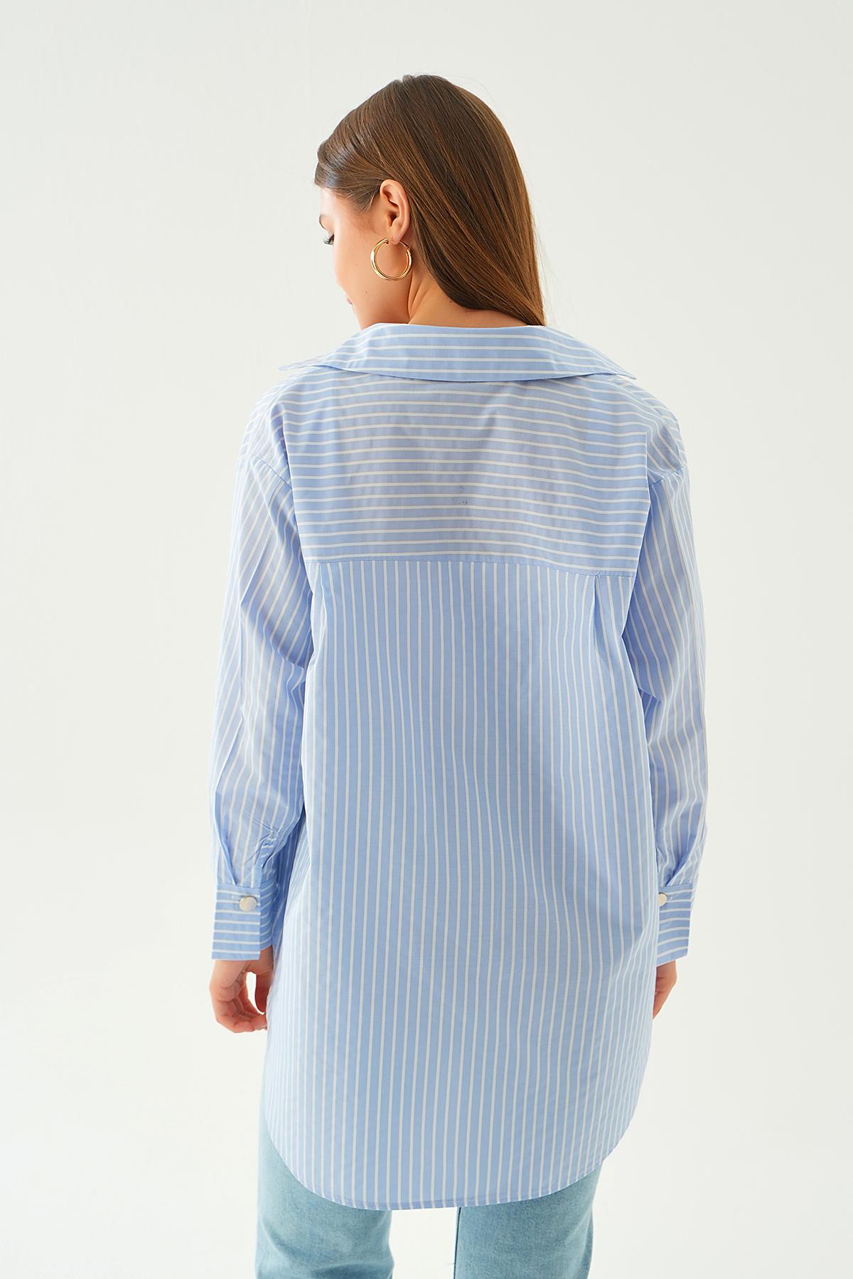 4186A Düğme Detay Çizgili gömlek Mavi - 5