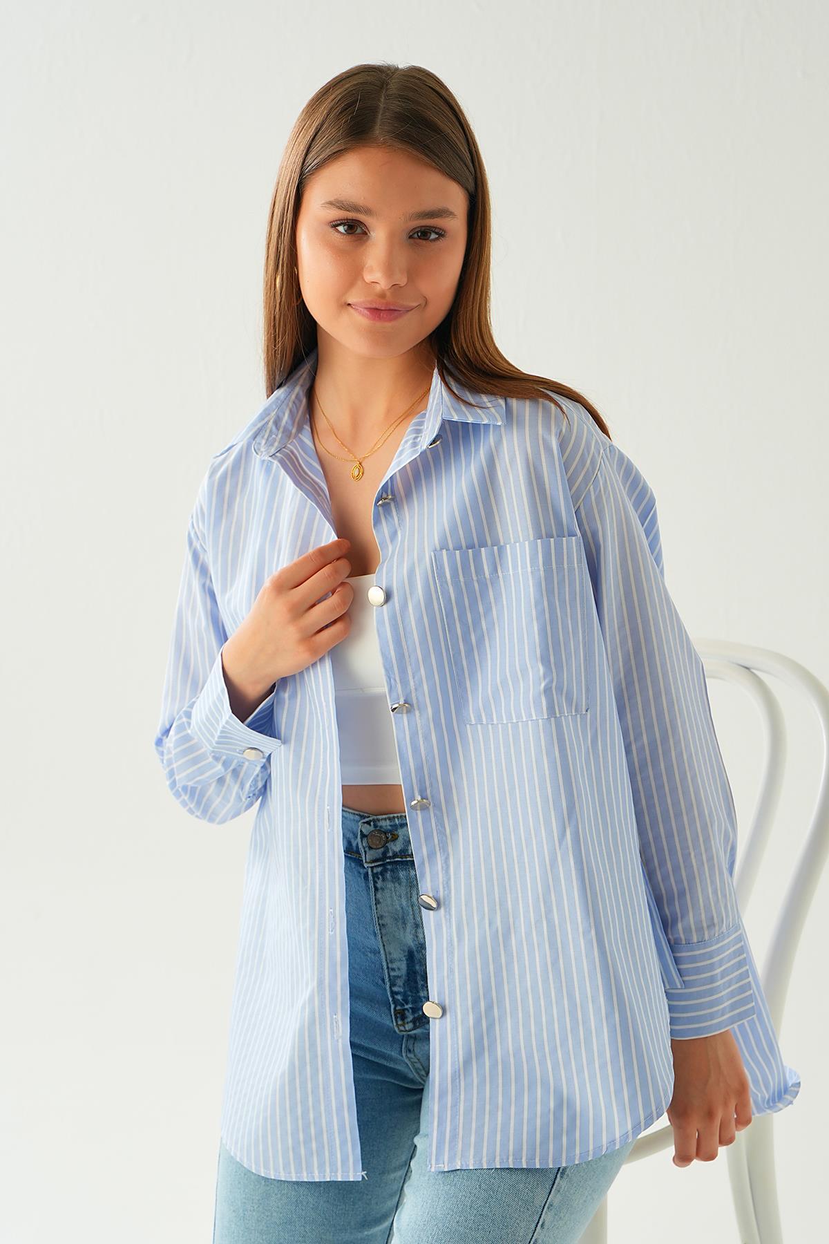 Mavi Düğme Detay Çizgili Gömlek 4186A - 3