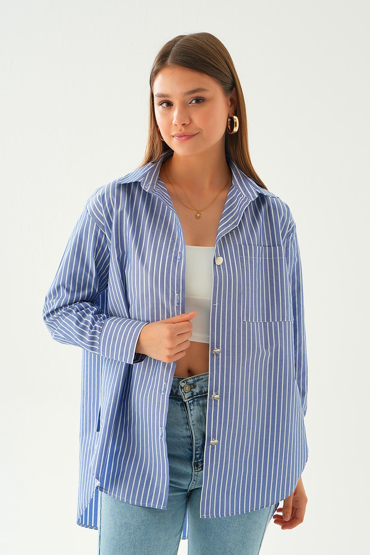 4186A Düğme Detay Çizgili gömlek Saks - 1