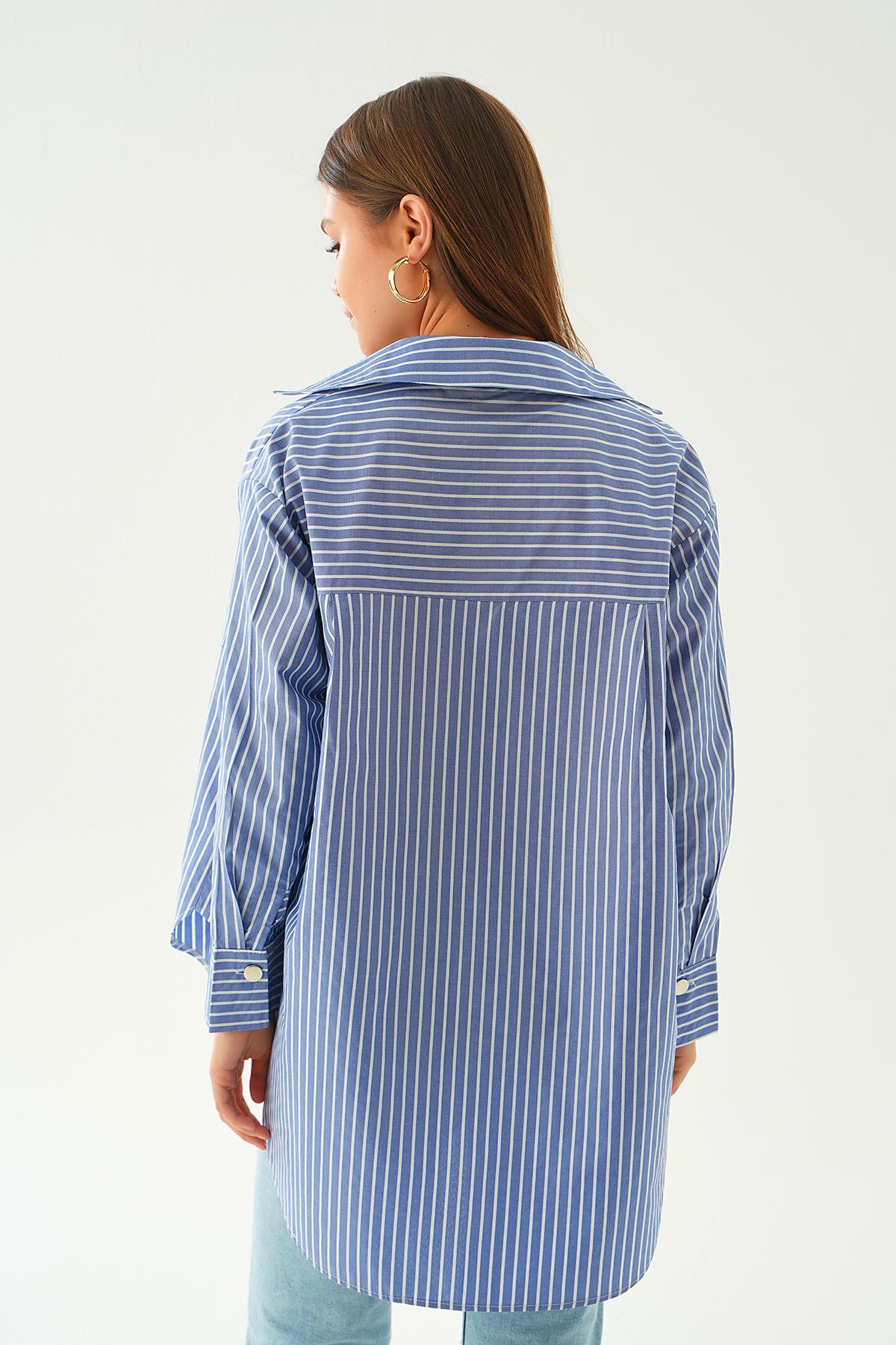 4186A Düğme Detay Çizgili gömlek Saks - 3
