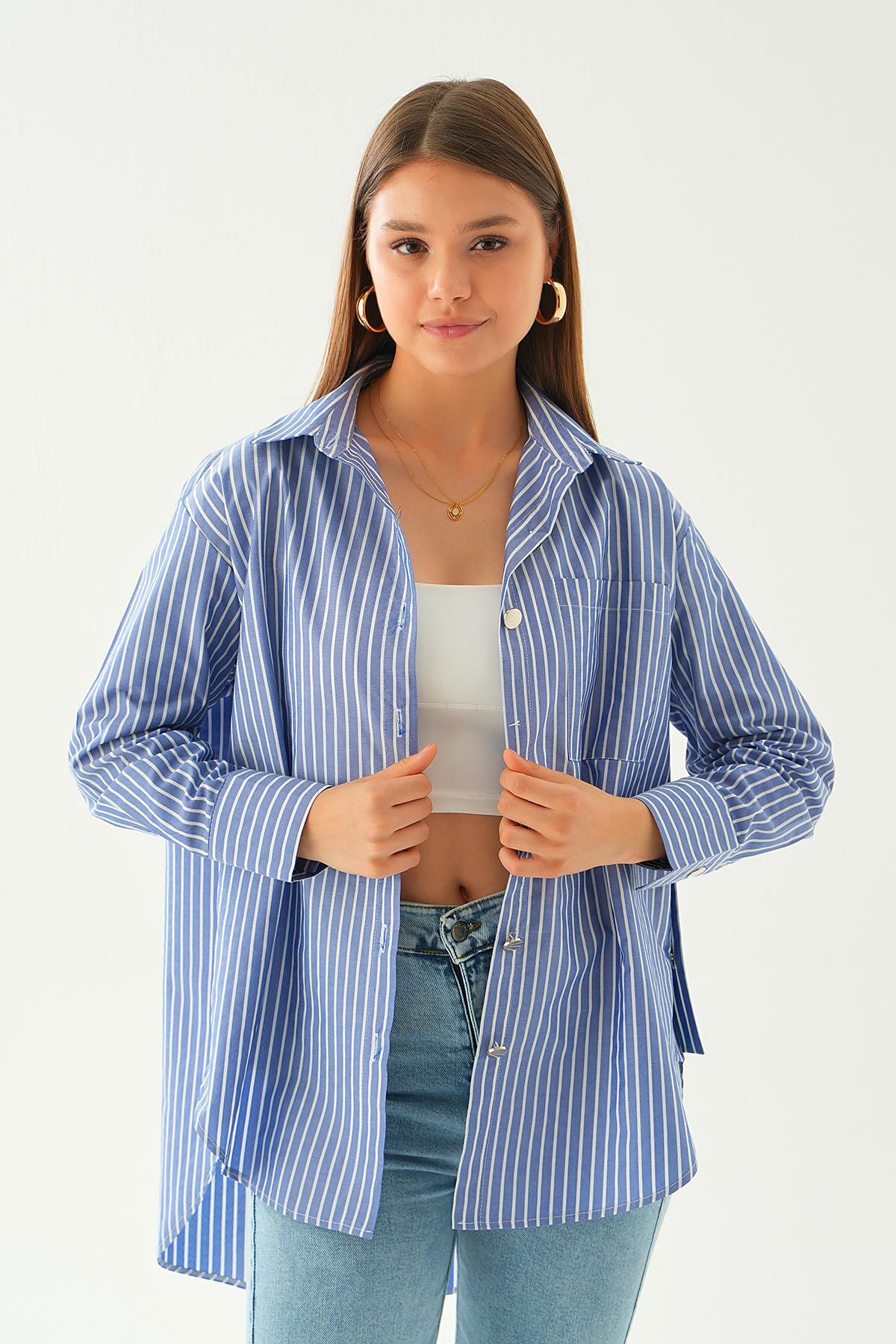 4186A Düğme Detay Çizgili gömlek Saks - 6