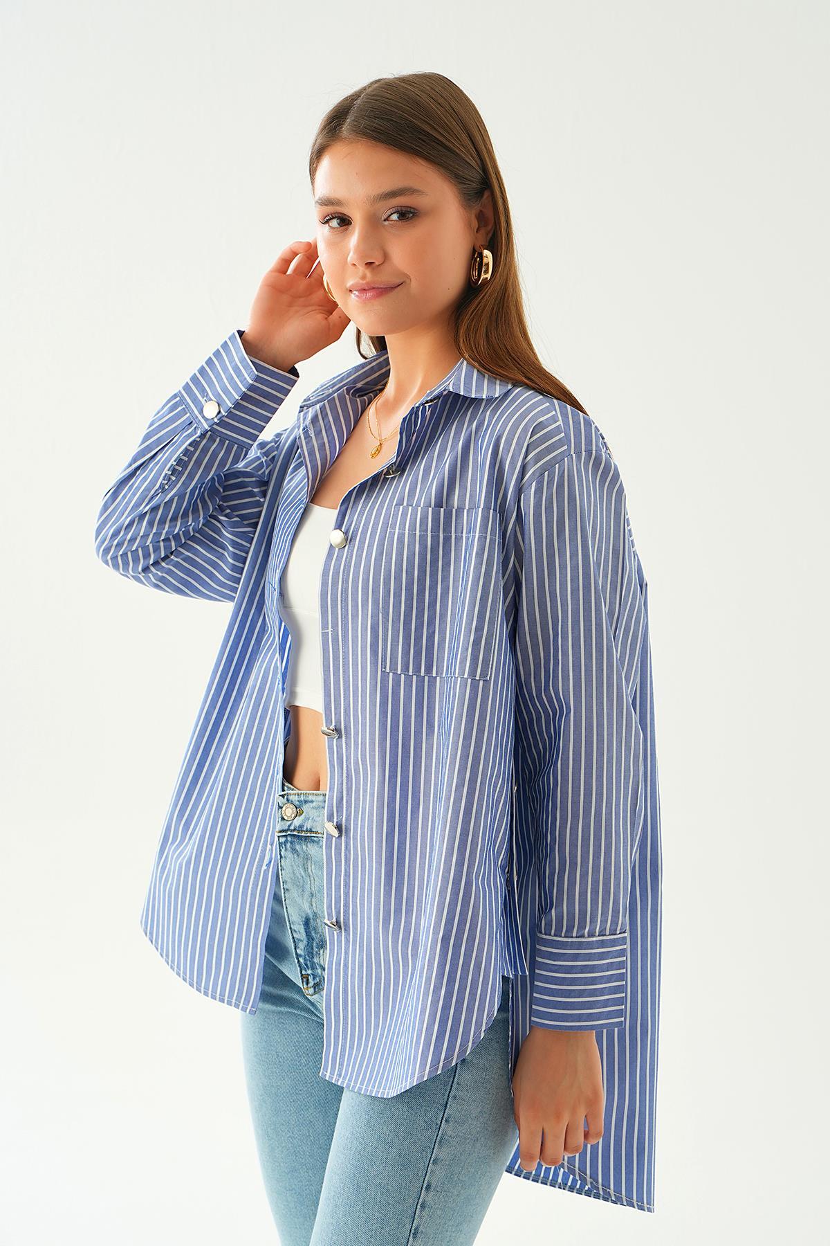Saks Düğme Detay Çizgili Gömlek 4186A - 2