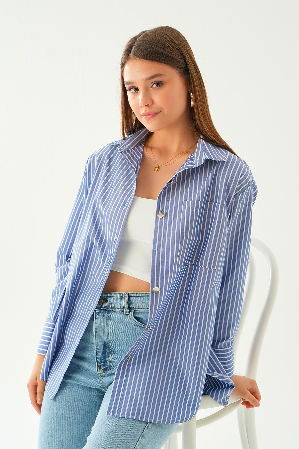Saks Düğme Detay Çizgili Gömlek 4186A - 5