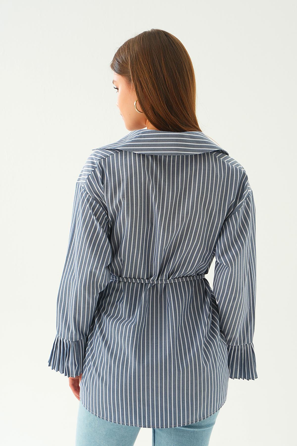 4188A Bel Bağlama Detay Çizgili Gömlek Laci - 4