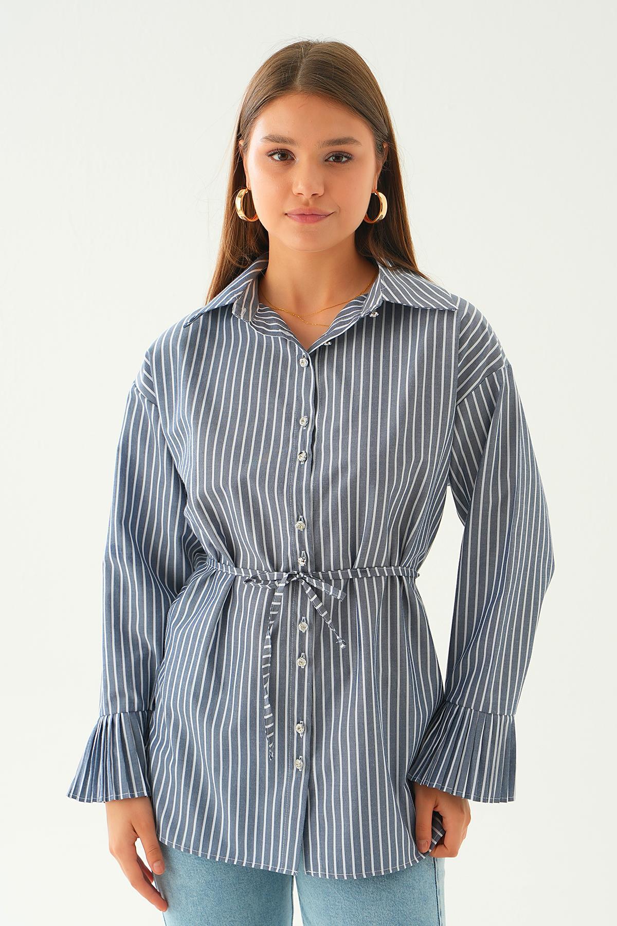 4188A Bel Bağlama Detay Çizgili Gömlek Laci - 6