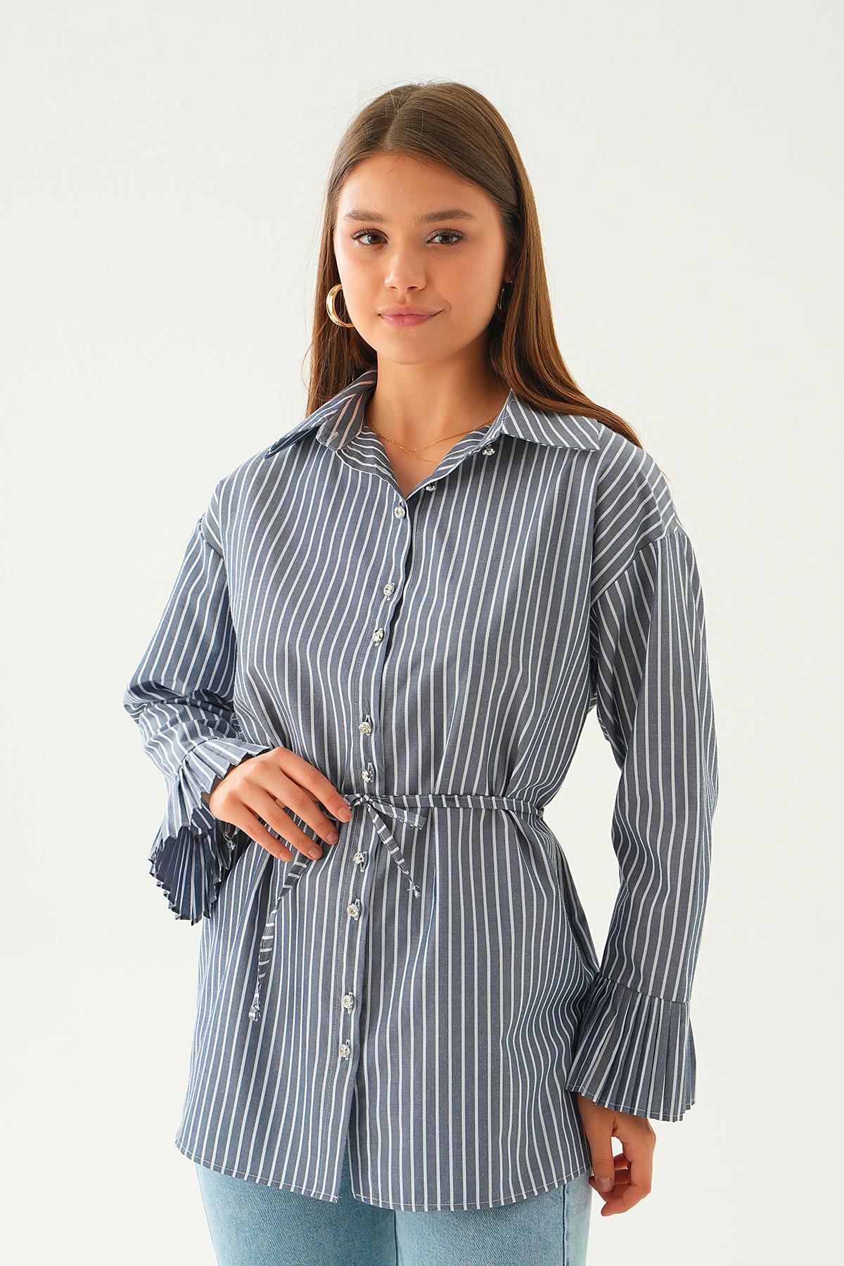 4188A Bel Bağlama Detay Çizgili Gömlek Laci 