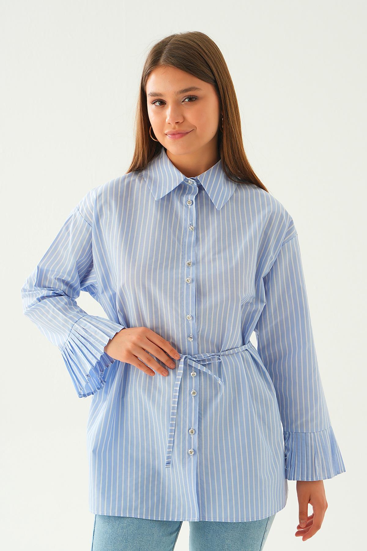 4188A Bel Bağlama Detay Çizgili Gömlek Mavi 