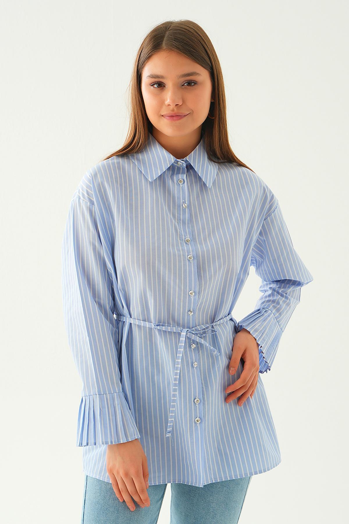 4188A Bel Bağlama Detay Çizgili Gömlek Mavi - 3