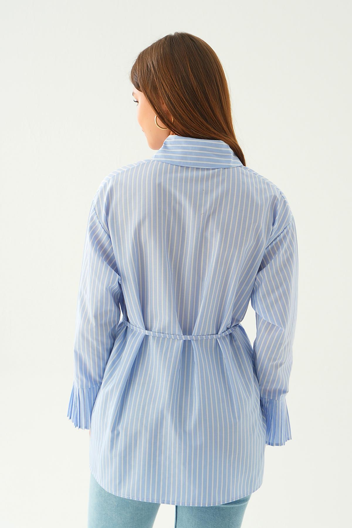 4188A Bel Bağlama Detay Çizgili Gömlek Mavi - 5