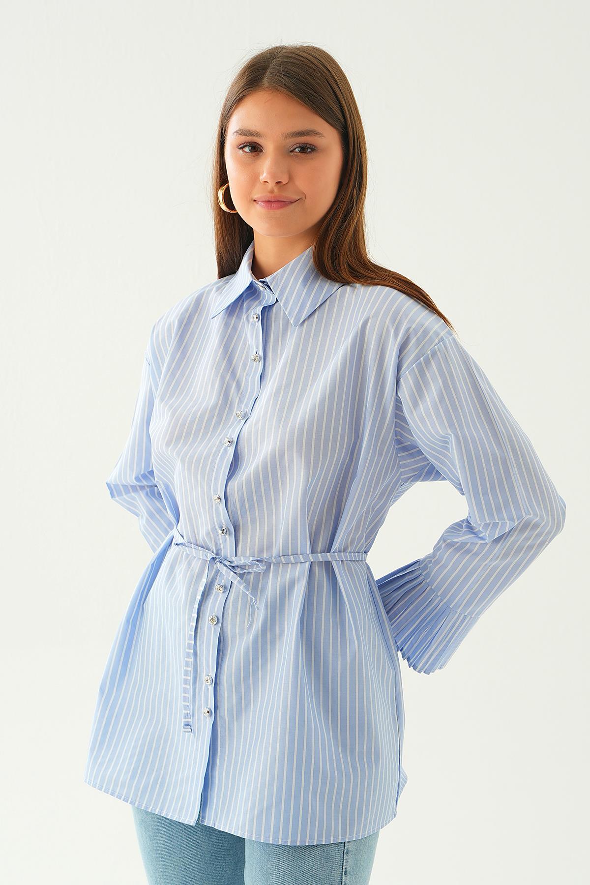 Mavi Bel Bağlama Detay Çizgili Gömlek 4188A - 2