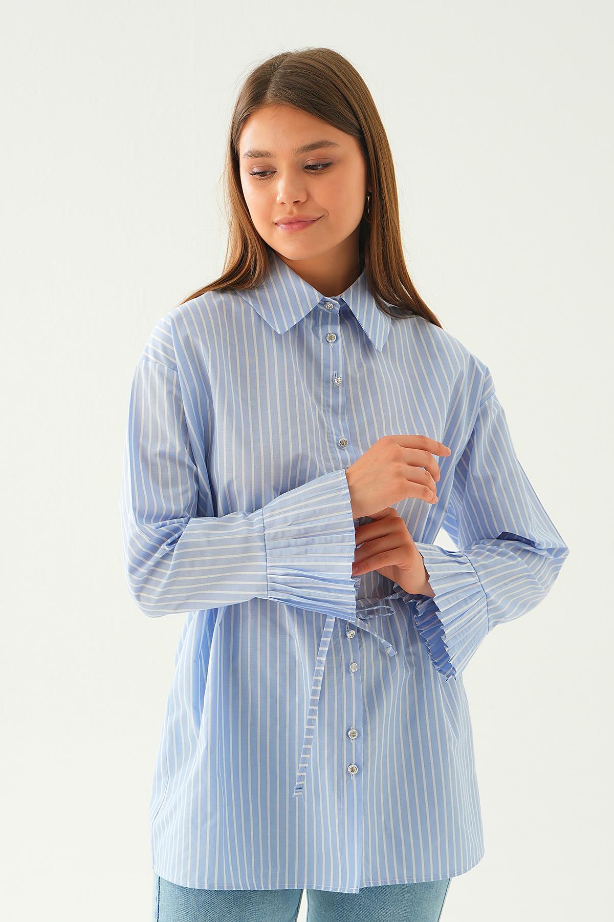 Mavi Bel Bağlama Detay Çizgili Gömlek 4188A - 4