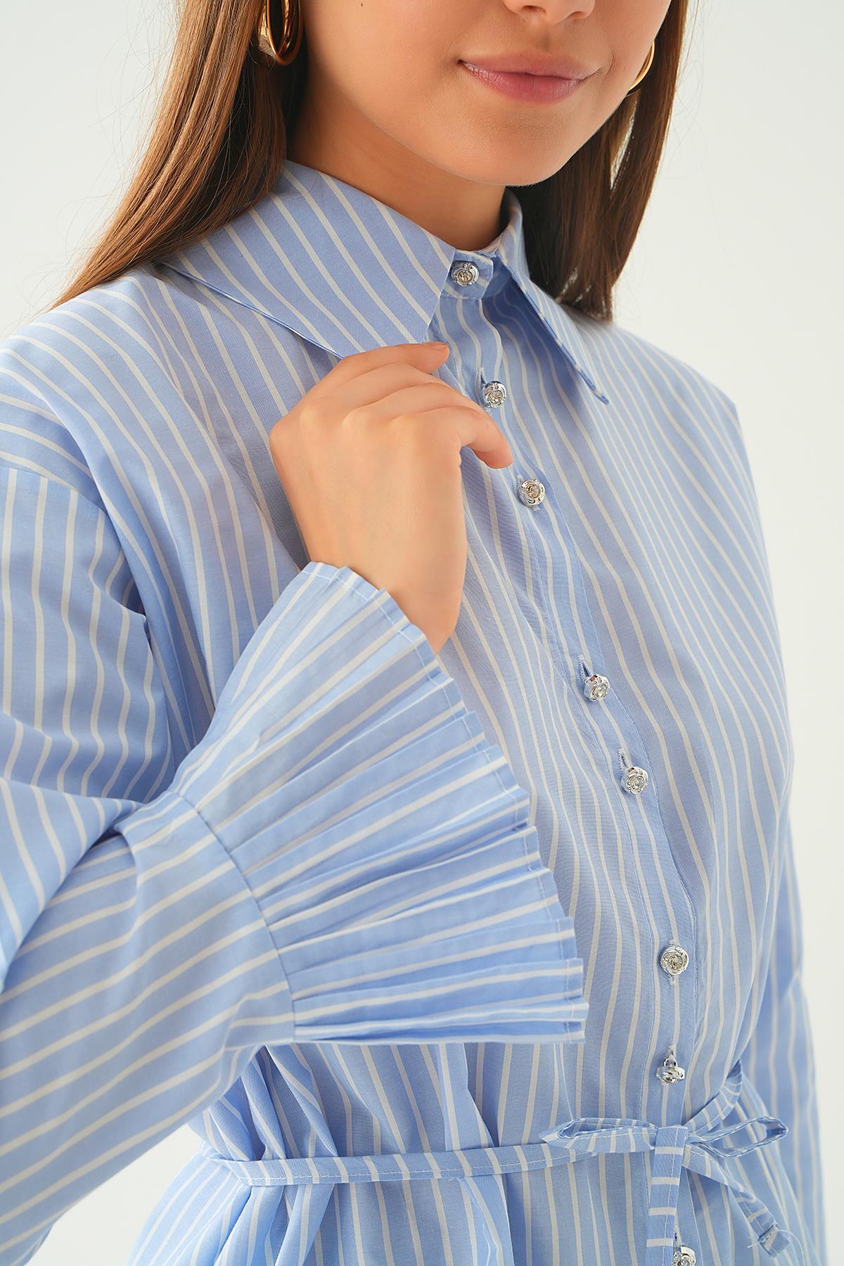 Mavi Bel Bağlama Detay Çizgili Gömlek 4188A - 6