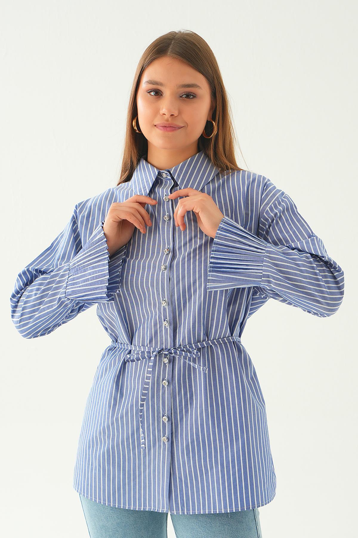 4188A Bel Bağlama Detay Çizgili Gömlek Saks 