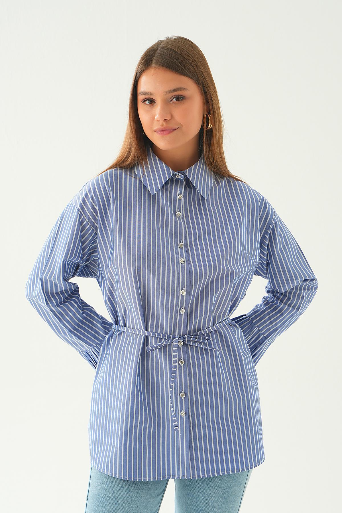 4188A Bel Bağlama Detay Çizgili Gömlek Saks - 3