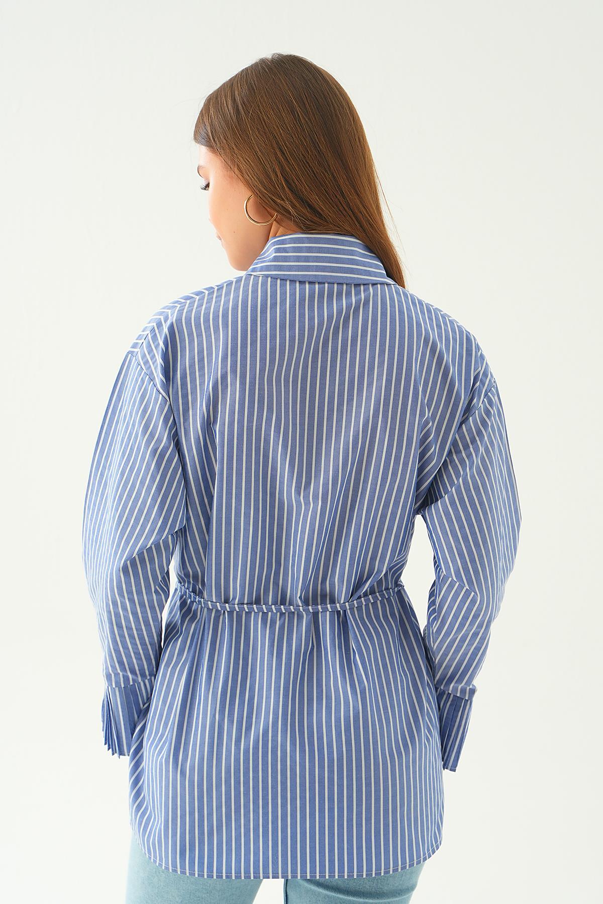 4188A Bel Bağlama Detay Çizgili Gömlek Saks - 4