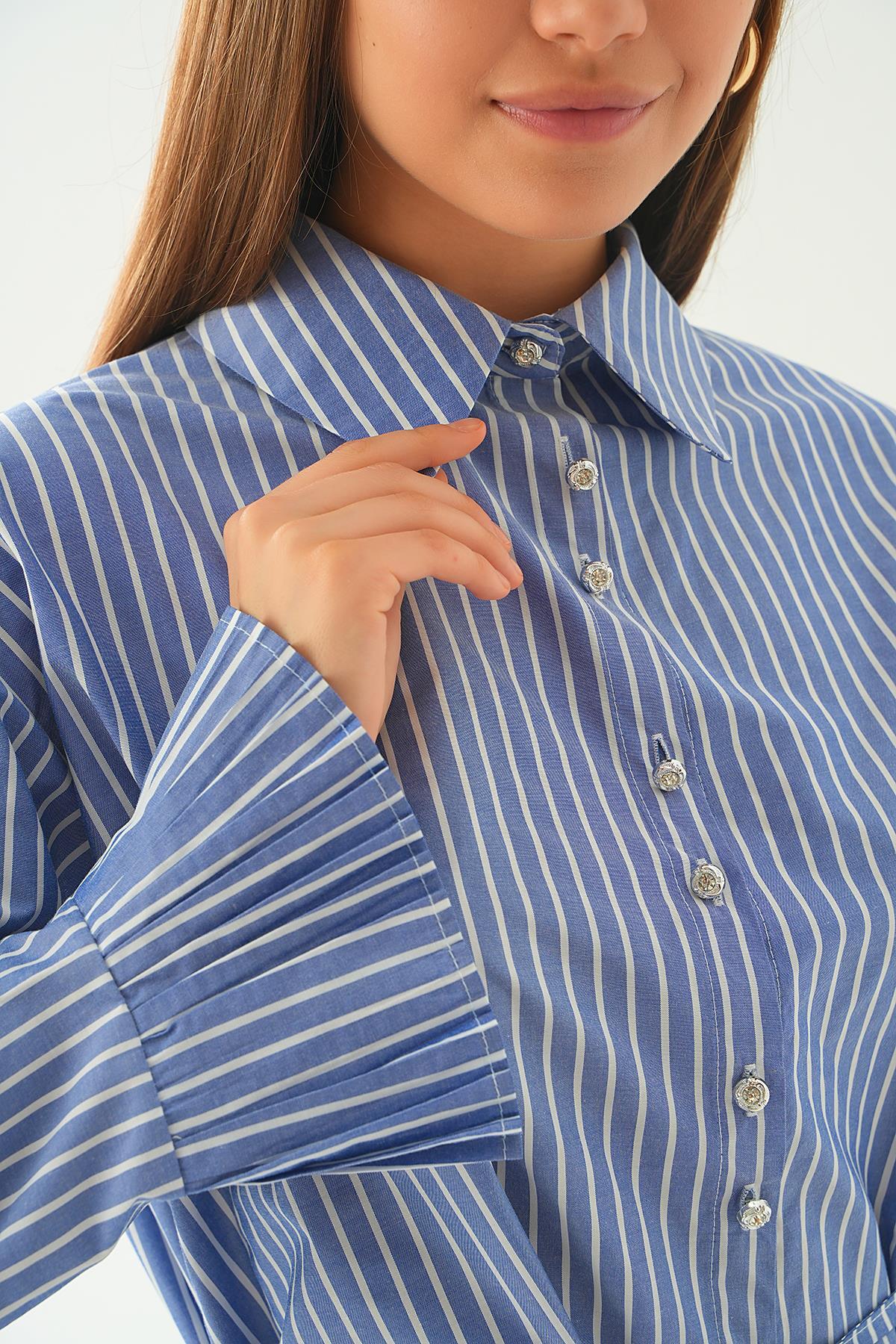 4188A Bel Bağlama Detay Çizgili Gömlek Saks - 5
