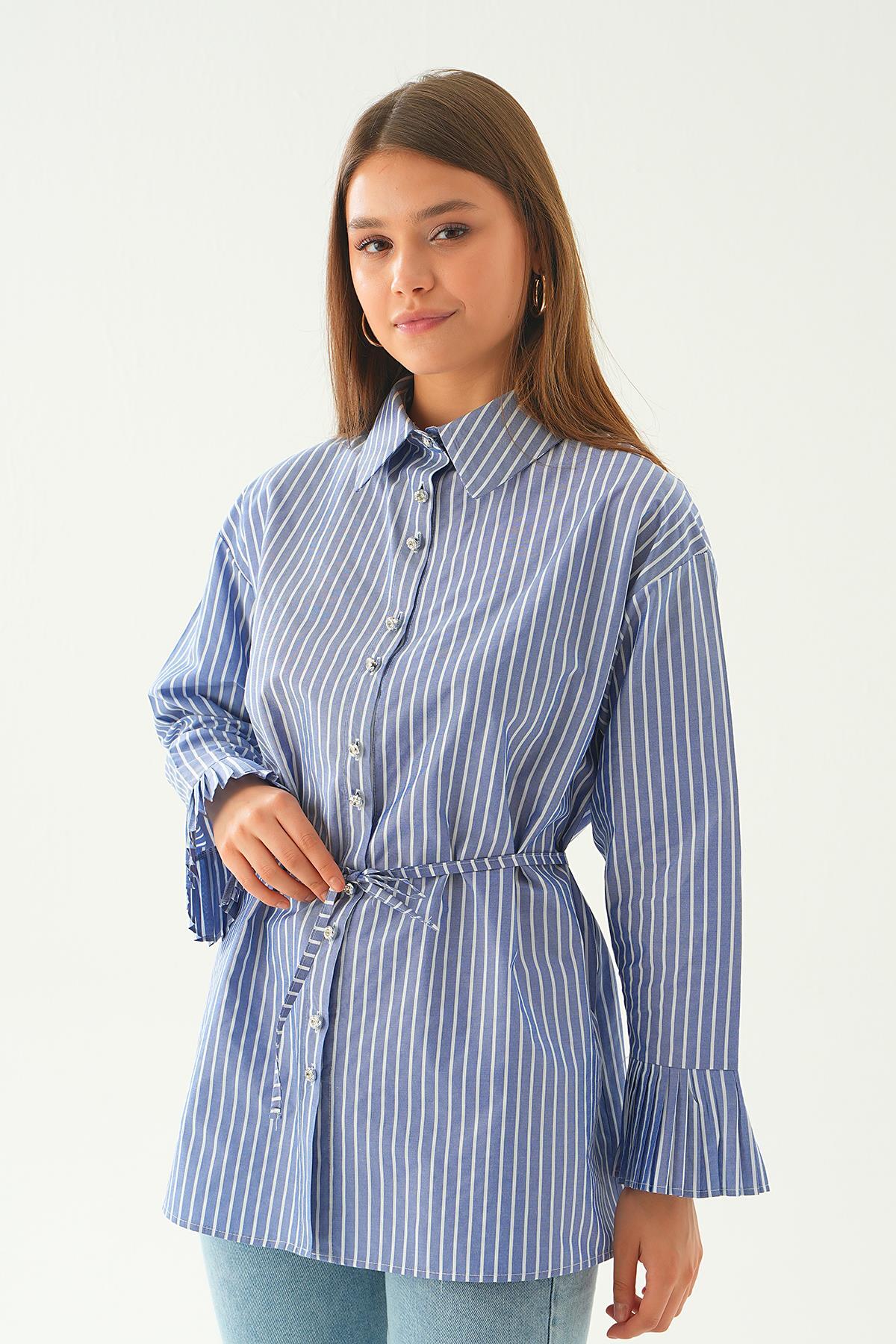 Saks Bel Bağlama Detay Çizgili Gömlek 4188A - 2