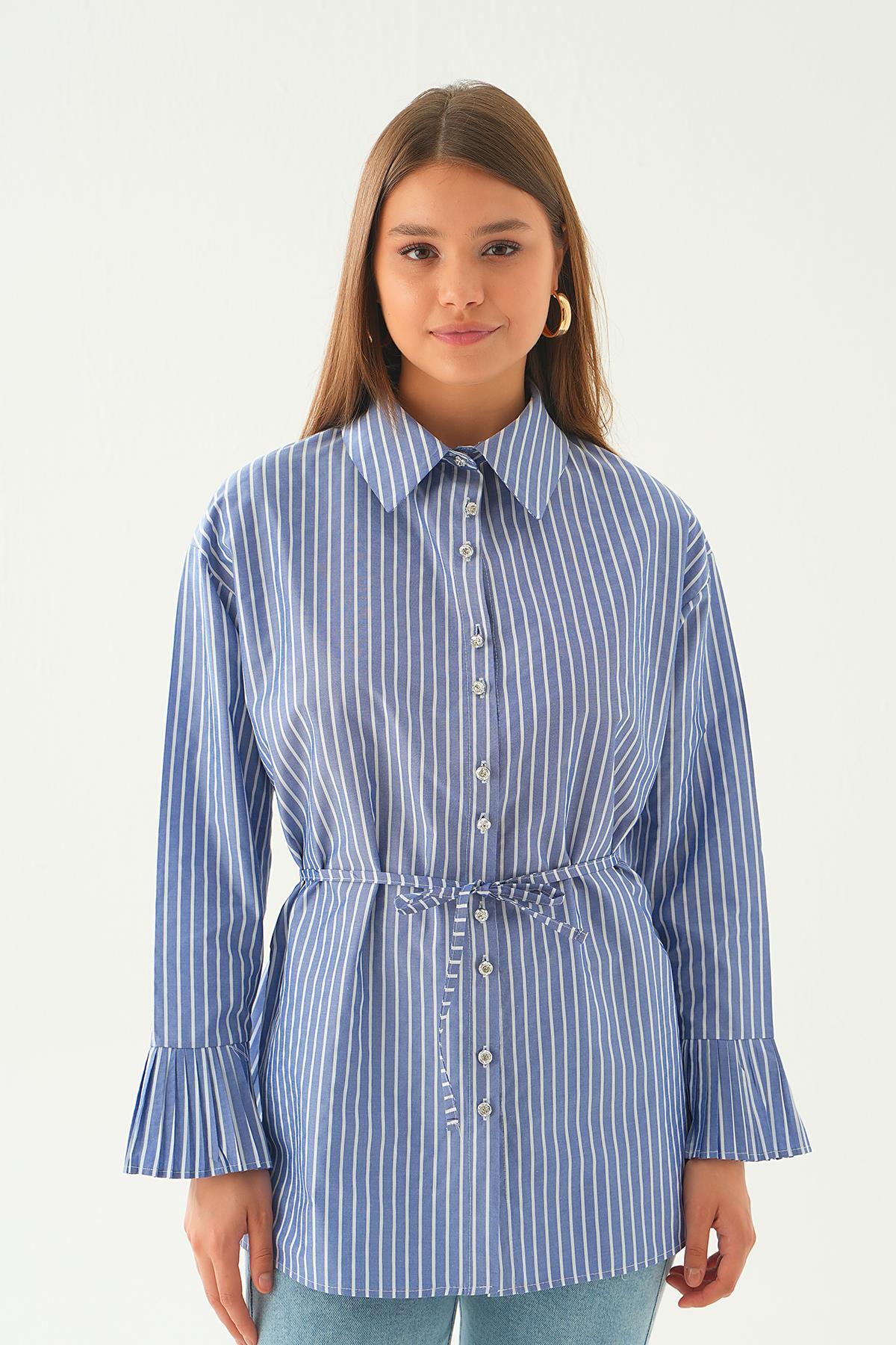 Saks Bel Bağlama Detay Çizgili Gömlek 4188A - 6