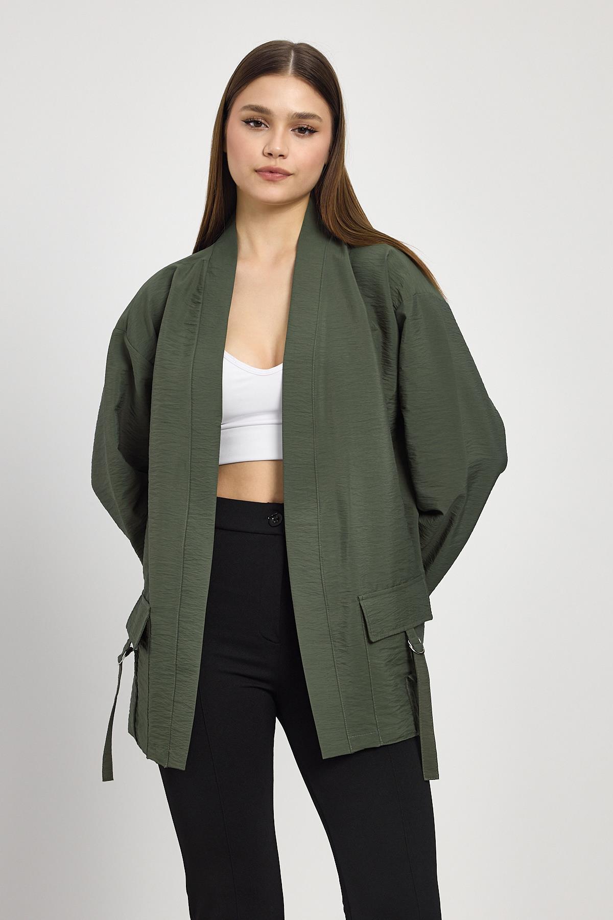 4194A Cep Detay Kimono Haki 