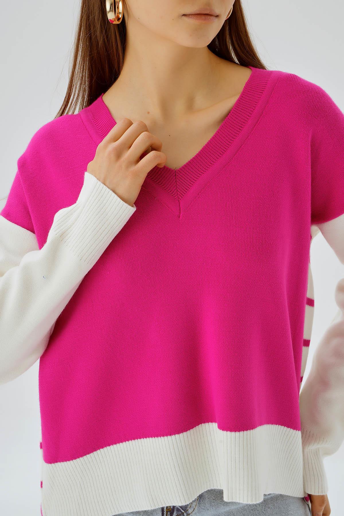 4195 V Yaka Arka Çizgili Kazak Pembe - 6