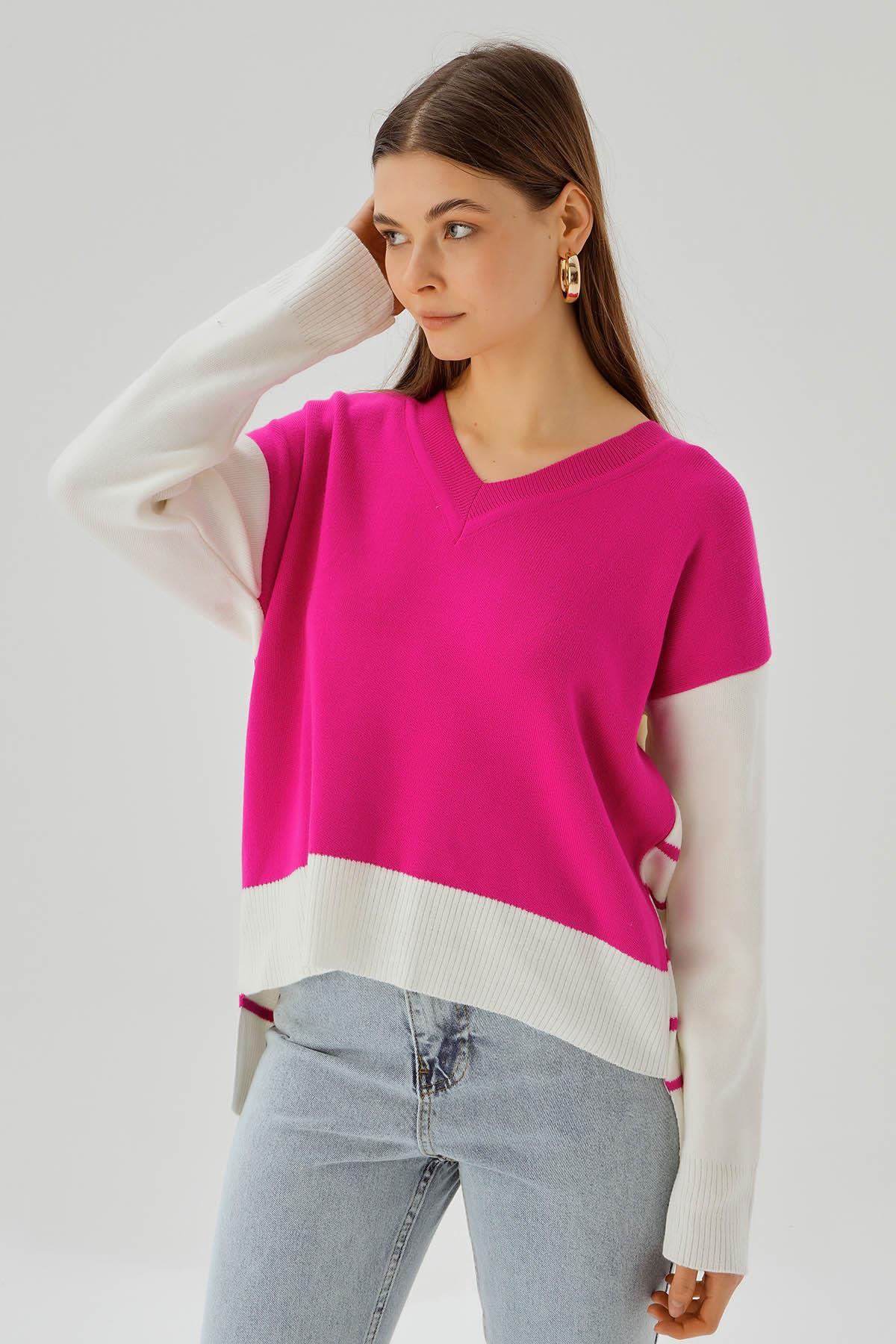 4195 V Yaka Arka Çizgili Kazak Pembe - 1