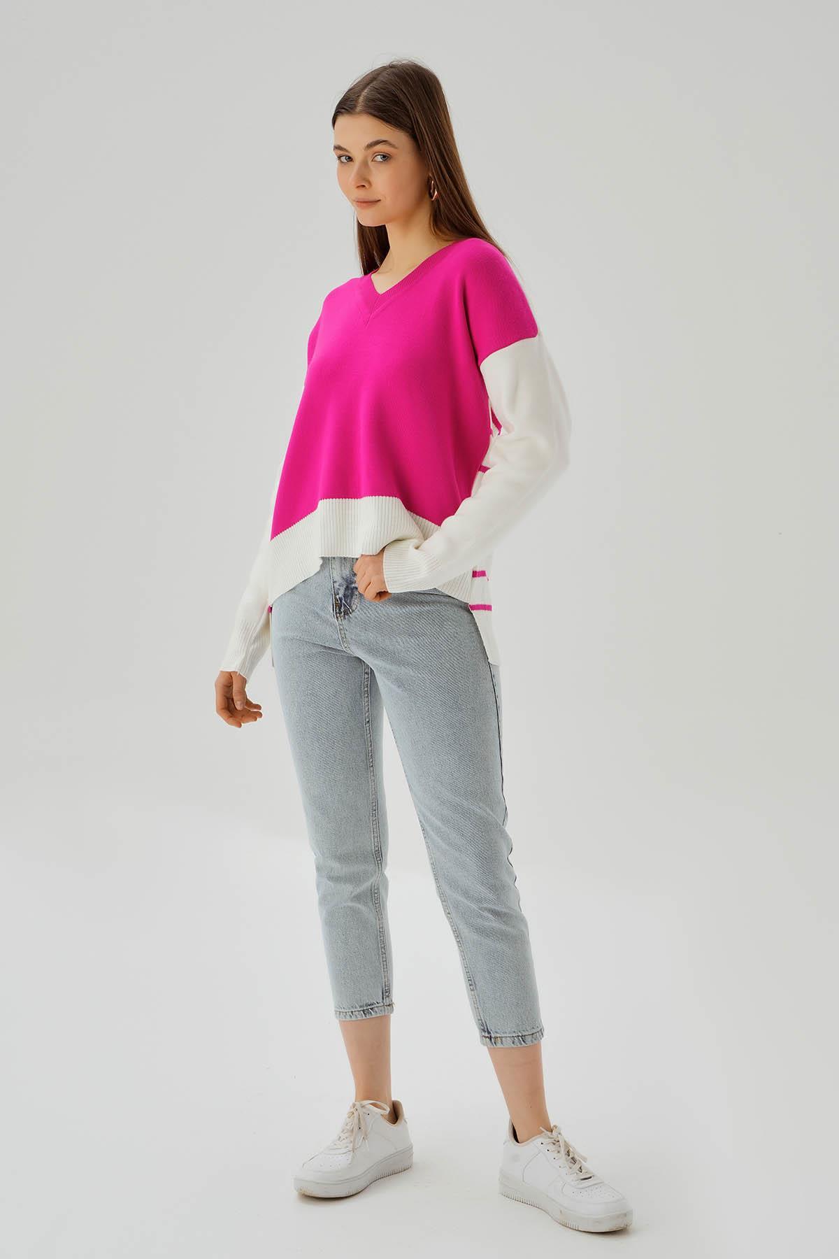 4195 V Yaka Arka Çizgili Kazak Pembe - 2