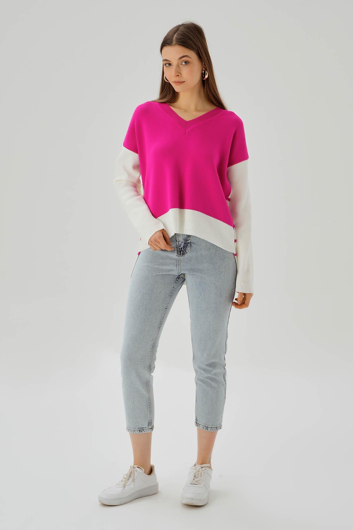 Pembe V Yaka Arka Çizgili Kazak 4195 - 3