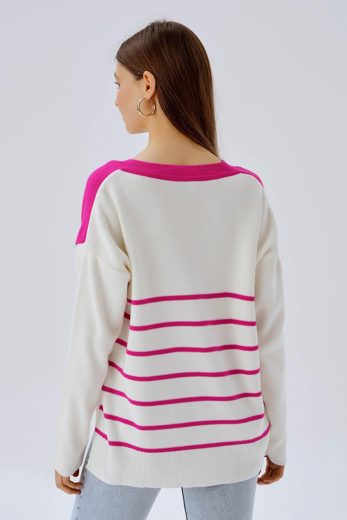 Pembe V Yaka Arka Çizgili Kazak 4195 - 5