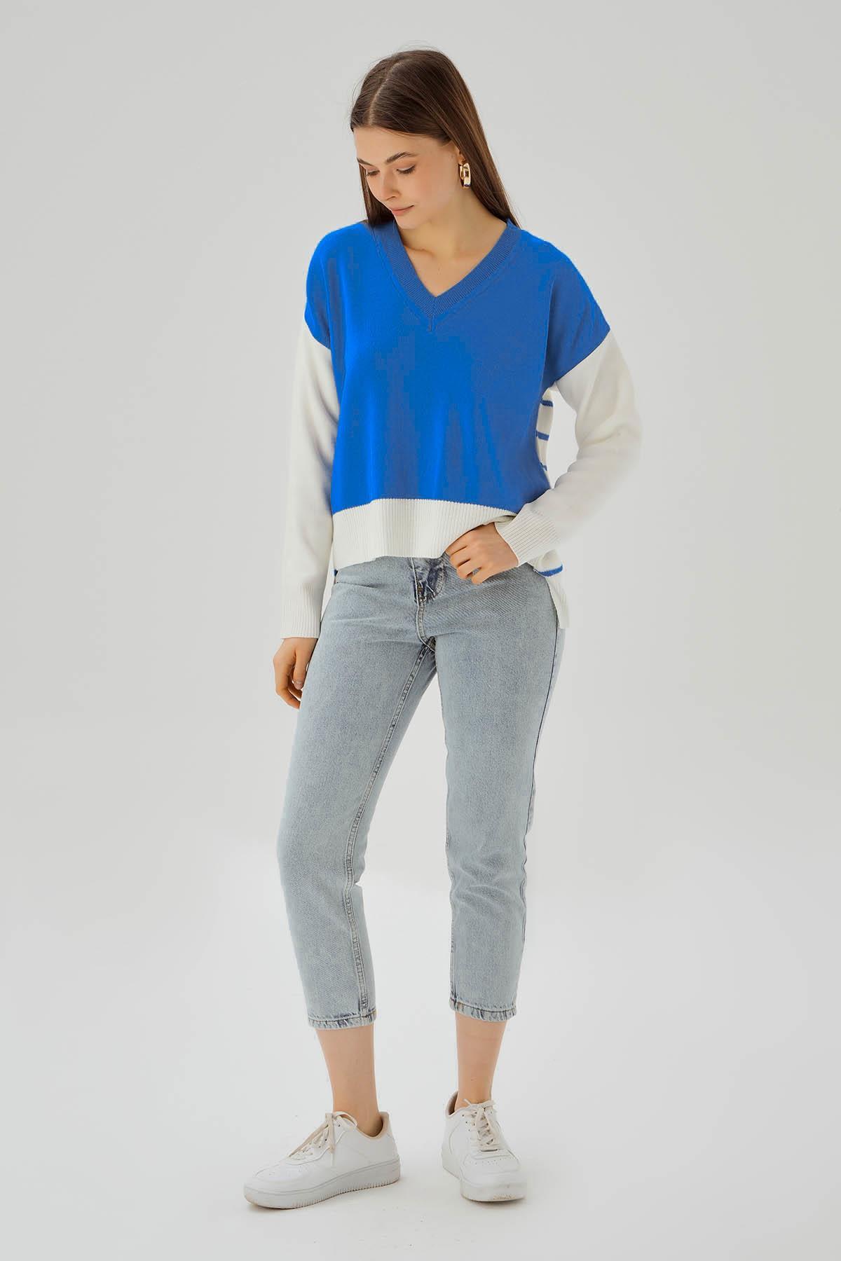 4195 V Yaka Arka Çizgili Kazak Saks - 3