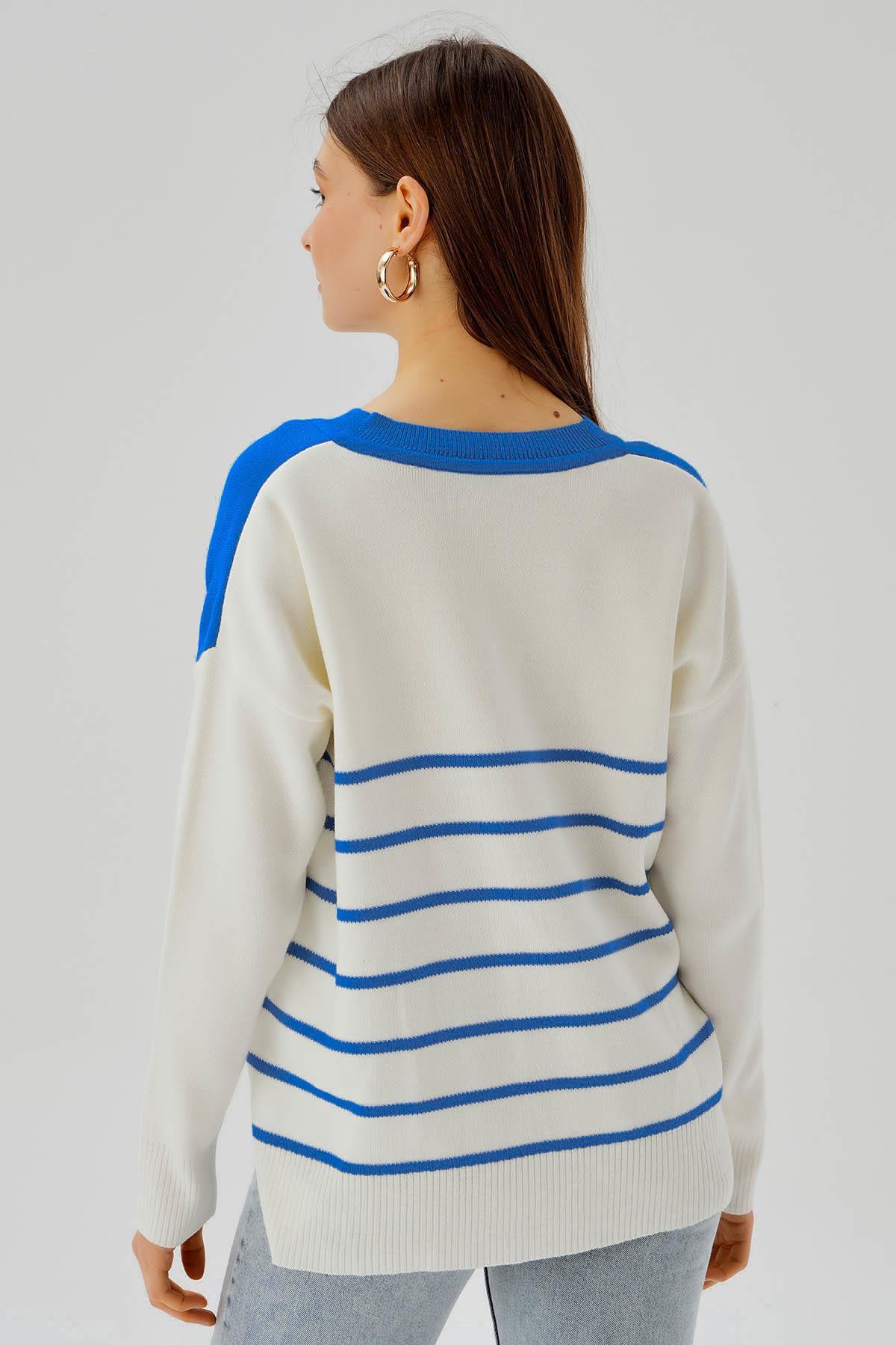 4195 V Yaka Arka Çizgili Kazak Saks - 5