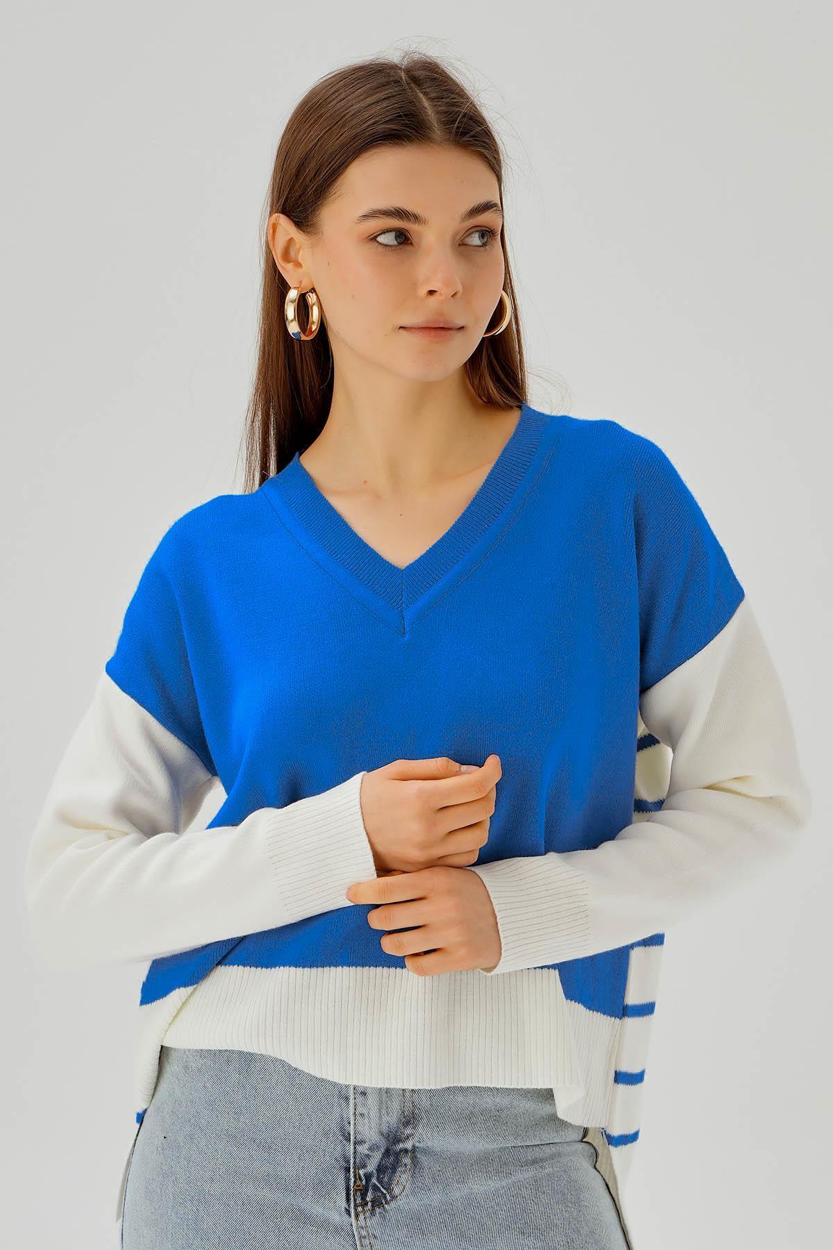 Saks V Yaka Arka Çizgili Kazak 4195 