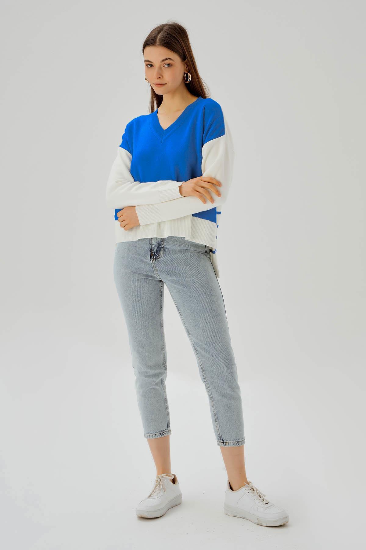 Saks V Yaka Arka Çizgili Kazak 4195 - 2