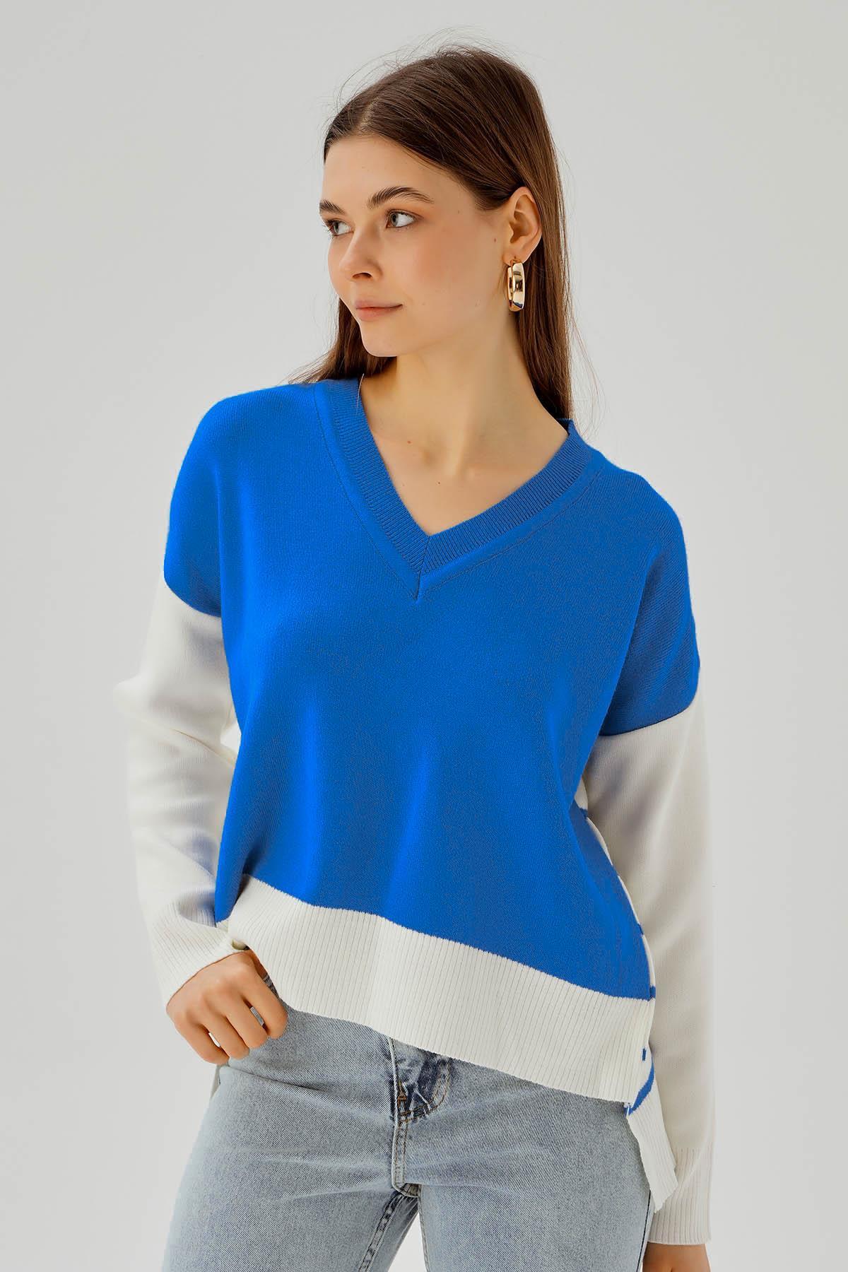 Saks V Yaka Arka Çizgili Kazak 4195 - 4