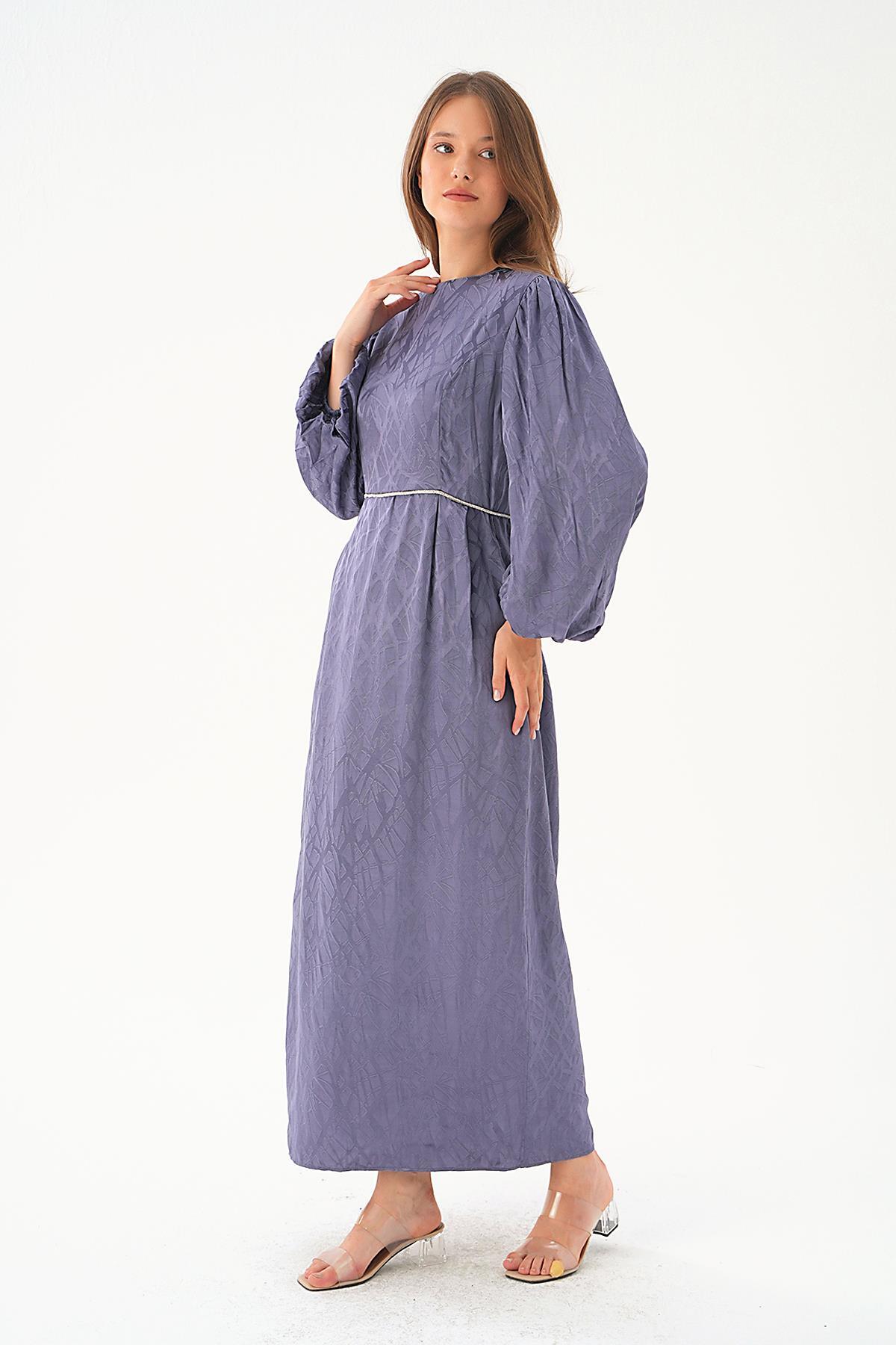 4209A Balon Kol Elbise Leylak 