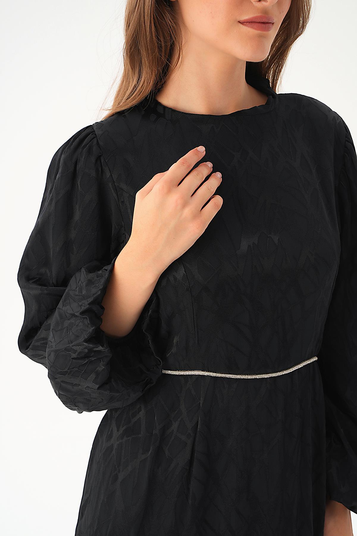 Siyah Balon Kol Elbise 4209A - 6