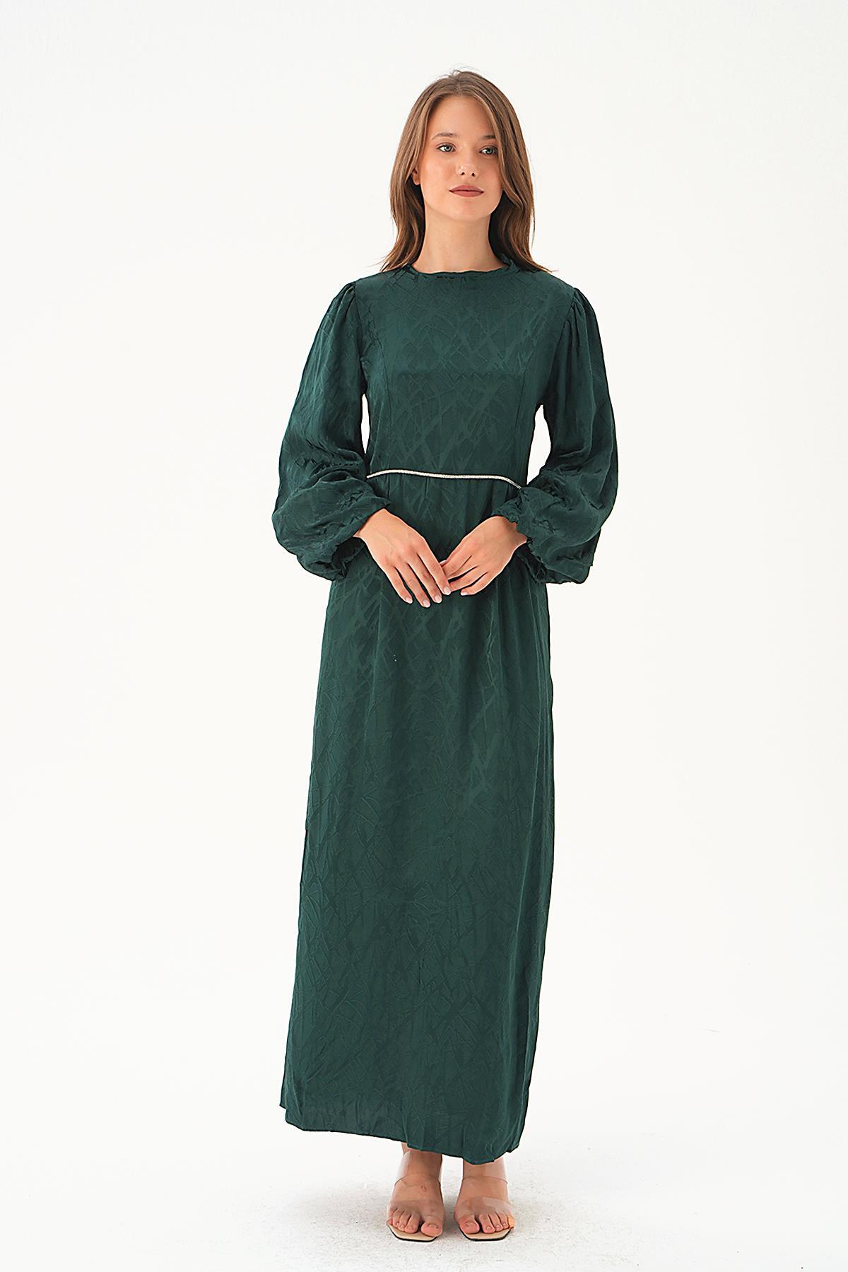 4209A Balon Kol Elbise Zümrüt 