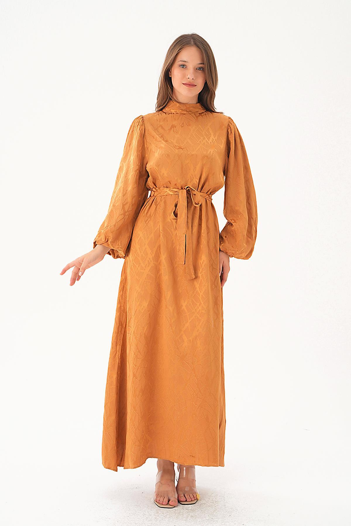 4210A Desenli Kuşak Detay Elbise Camel - RAYS