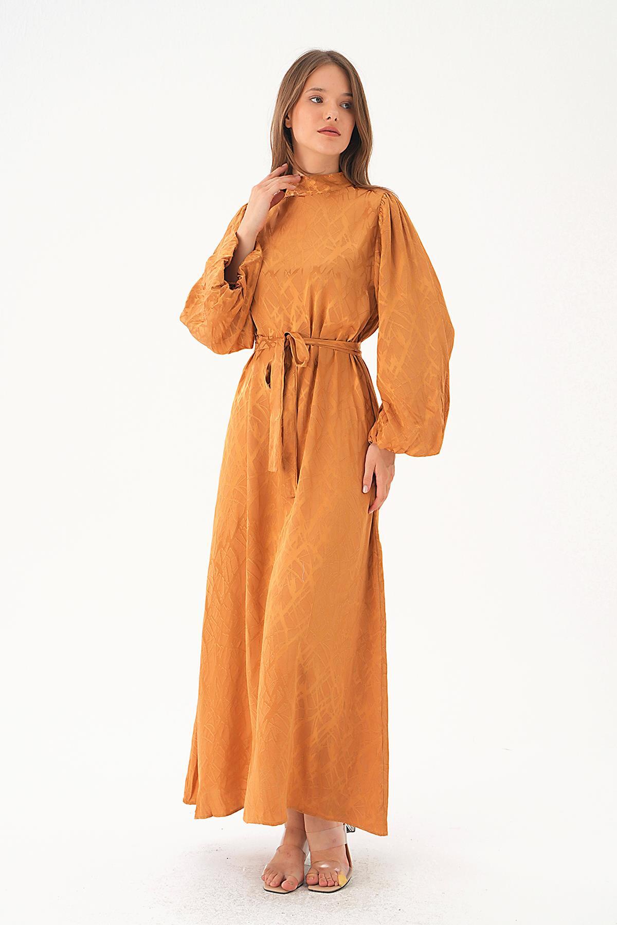 Camel Desenli Kuşak Detay Elbise 4210A - 4