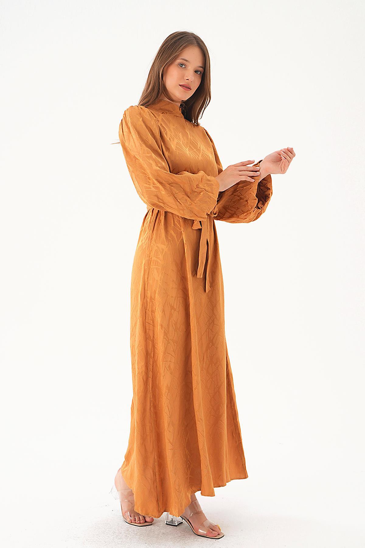 Desenli Kuşak Detay Elbise 4210A Camel - 3