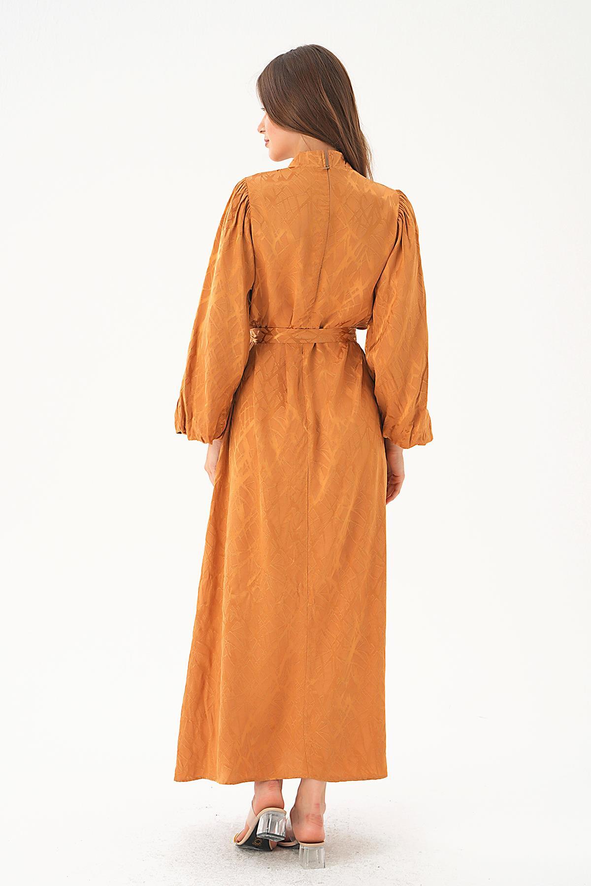 Desenli Kuşak Detay Elbise 4210A Camel - 5