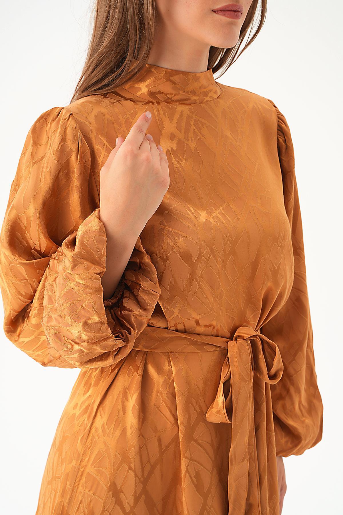 Desenli Kuşak Detay Elbise 4210A Camel - 6