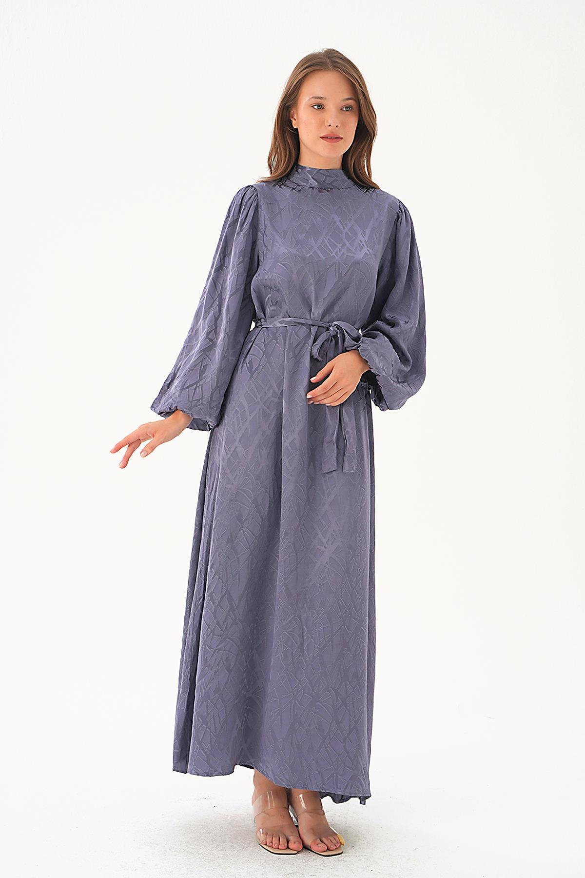 Leylak Desenli Kuşak Detay Elbise 4210A 