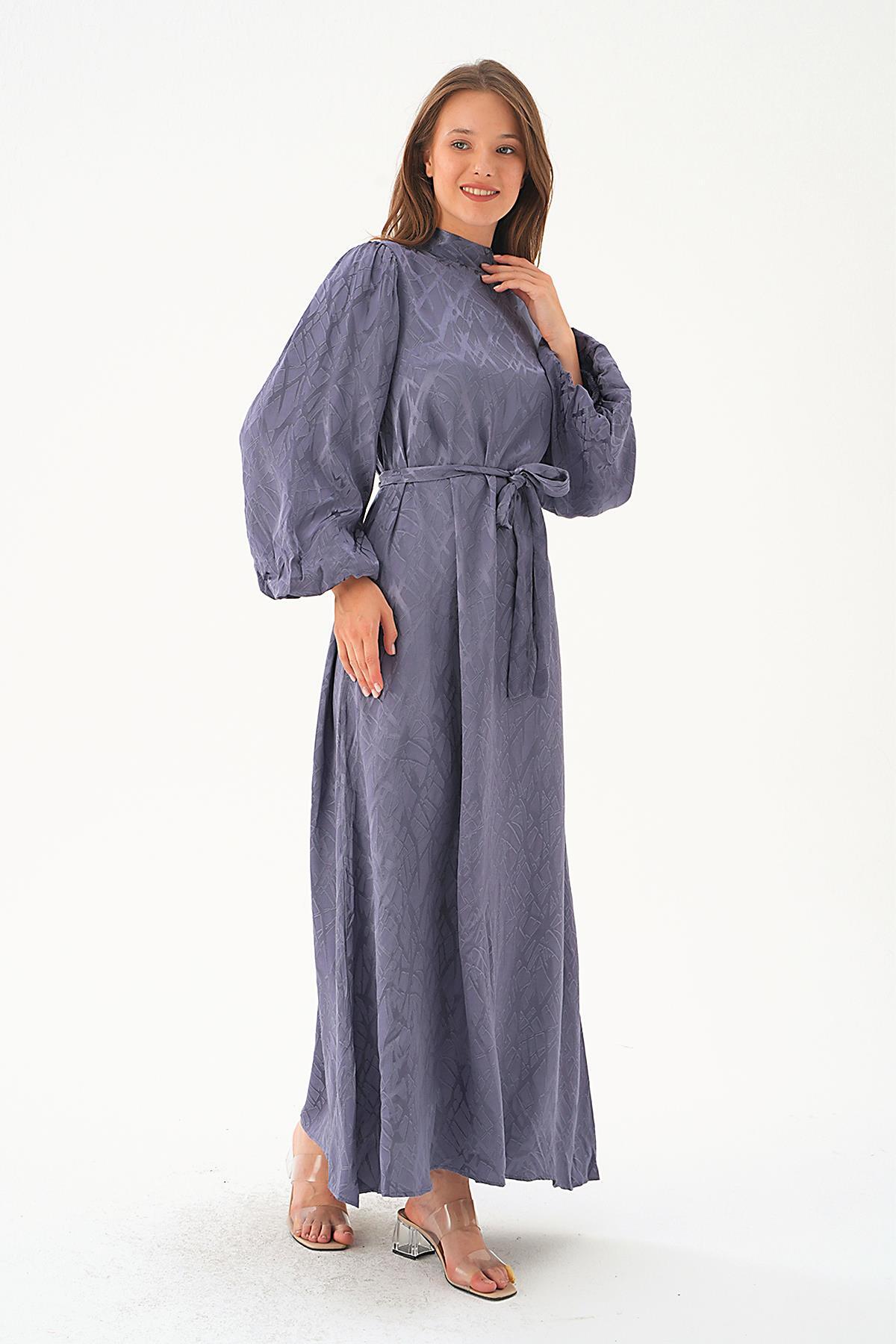 Leylak Desenli Kuşak Detay Elbise 4210A - 2